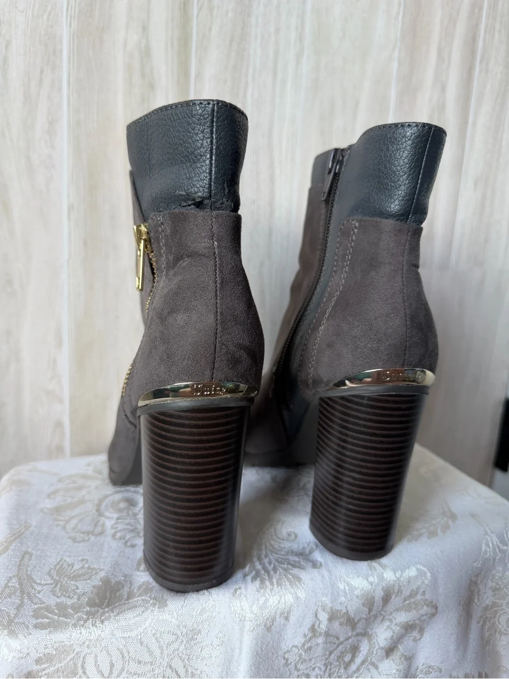 Juicy Couture Charcoal Suede Block Heel Ankle Boots with Black Cuff